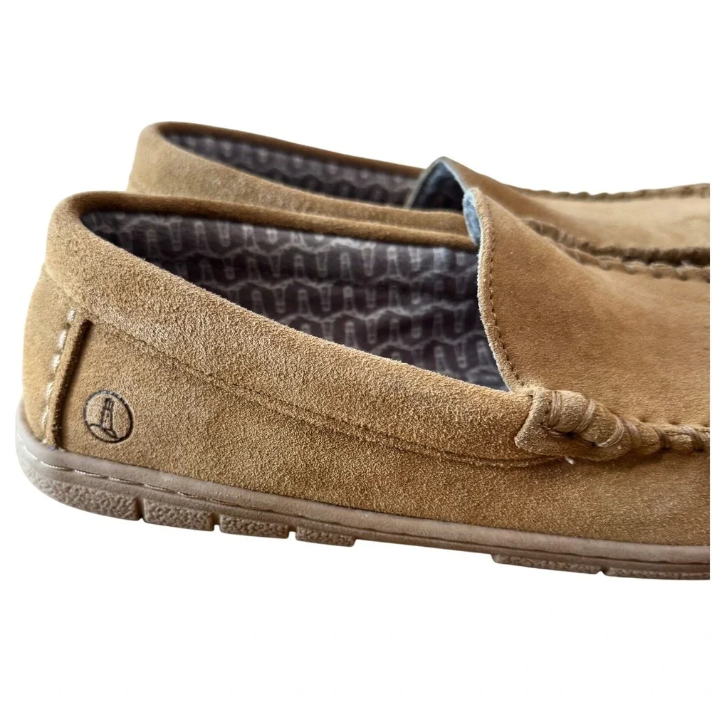 Lands' End Moccasin Slippers Mens 11 Tan Suede Whipstitch Indoor Outdoor